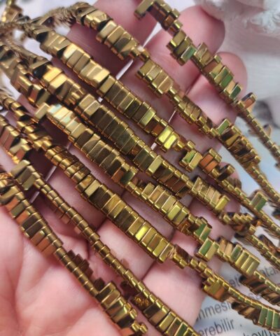 6x2 Mm Tila Cift Delikli Hematit Dogal Tas Gold