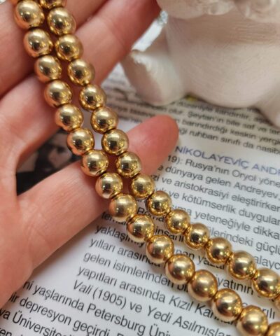 8 Mm Kure Hematit Dogal Tas Boncuk Gold