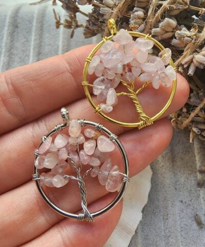 Agac Pembe Kuvars Tasi Kolye Ucu Gold 2