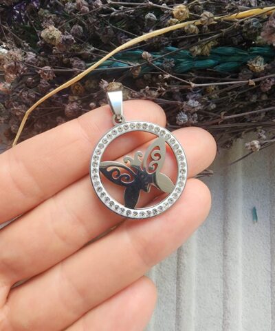 Kelebek Şekilli Zirkon Taşlı Çelik Kolye Ucu - 502