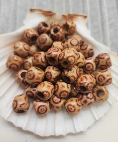 Motifli Oval Bej Ahsap Tahta Boncuk 12 Mm