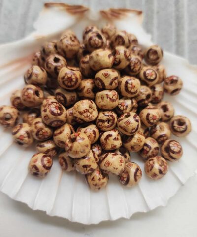 Motifli Oval Bej Ahsap Tahta Boncuk 8 Mm