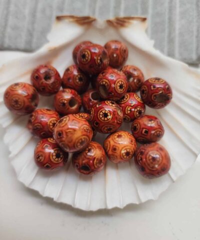 Motifli Oval Kahve Ahsap Tahta Boncuk 14 Mm