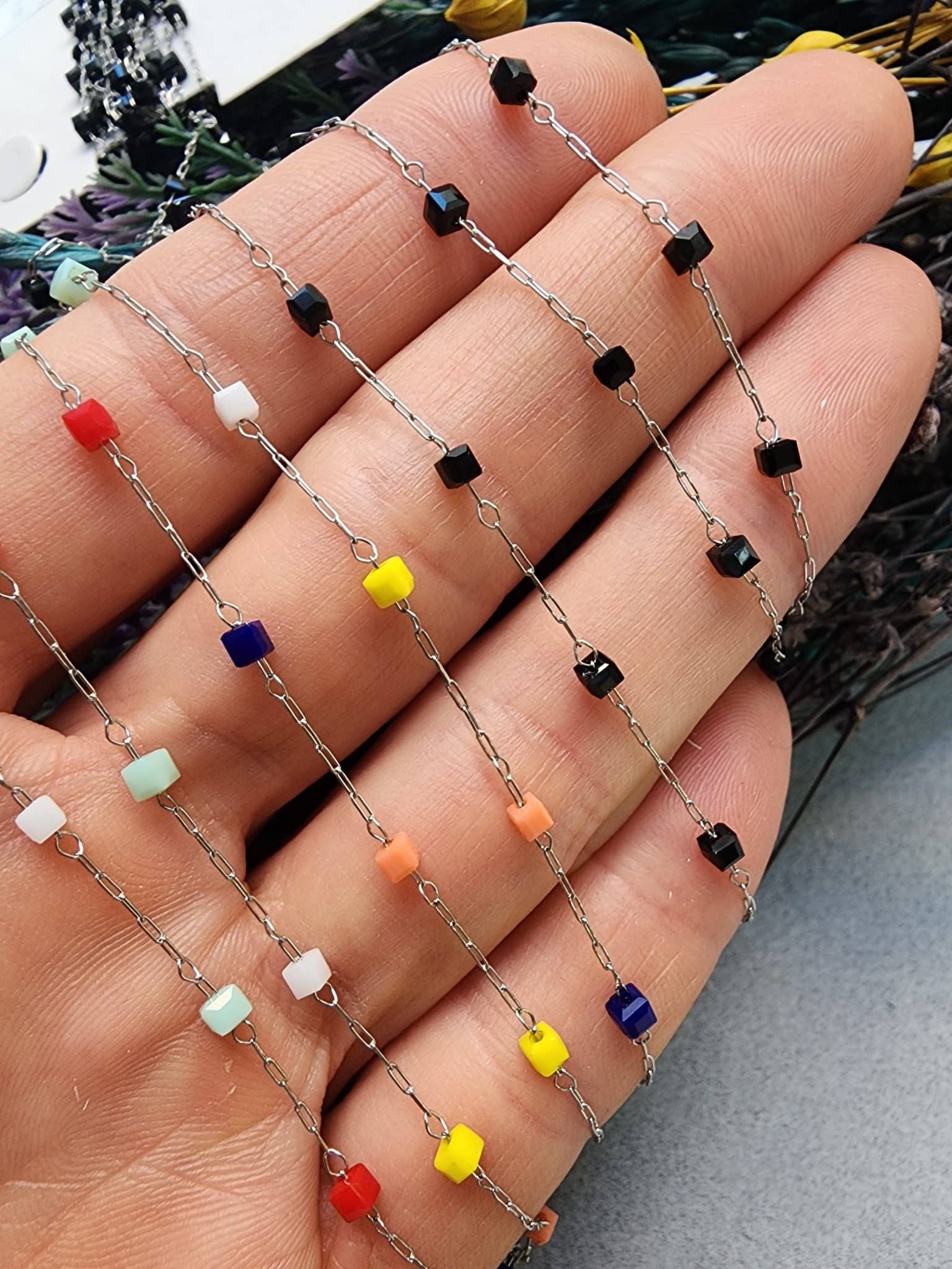 Küp Kristalli Gümüş Çelik Takı Zinciri