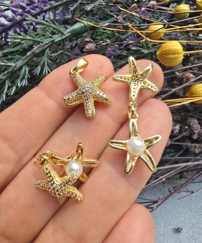 İncili Çift Deniz Yıldızı Zirkon Taşlı Charm