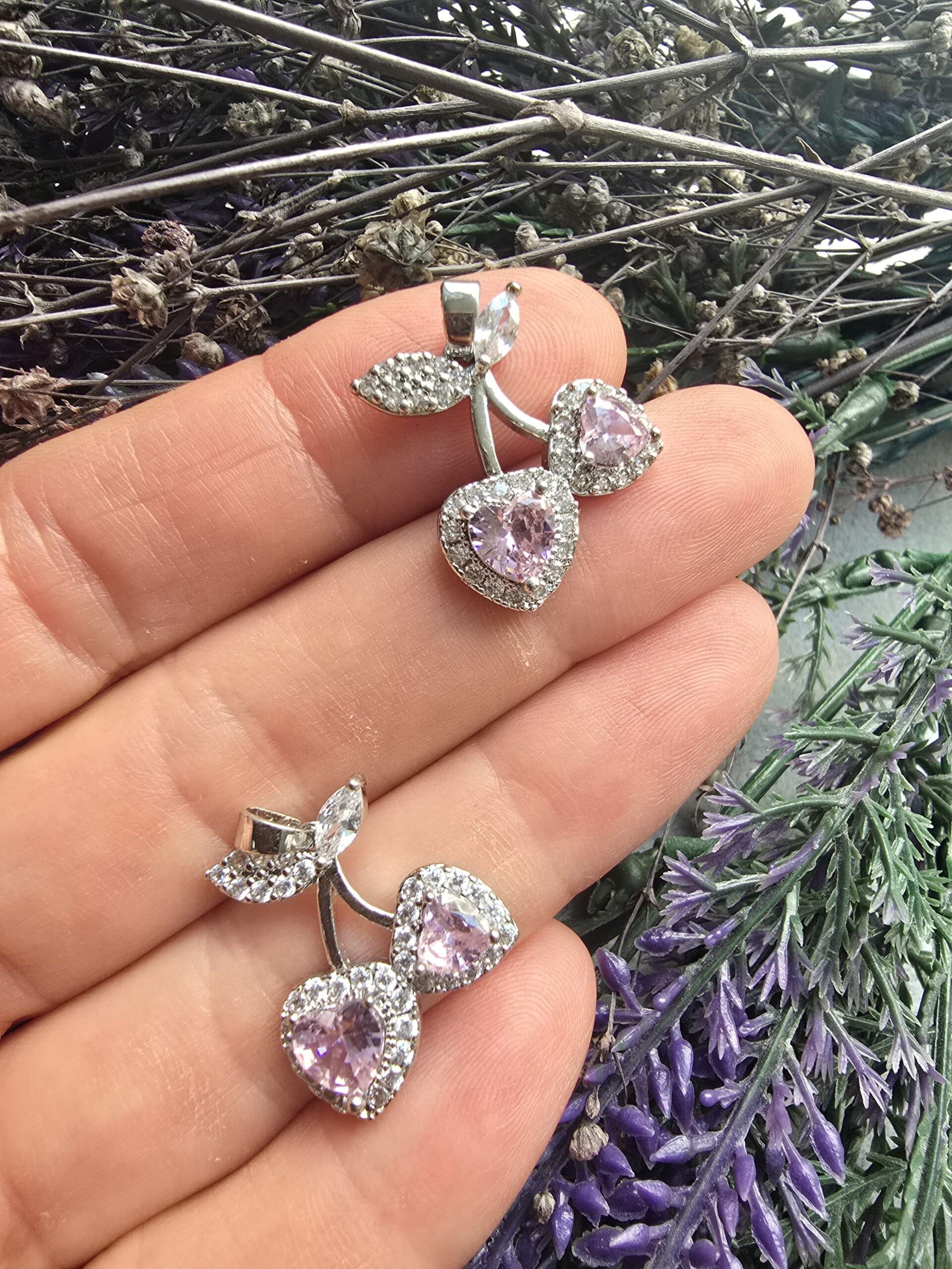 Pembe Kalpli Kiraz Silver Charm Kolye Ucu