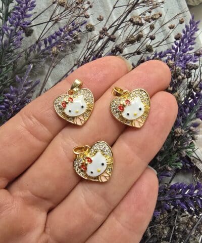 Sevimli Kedili Taşlı Kalp Charm