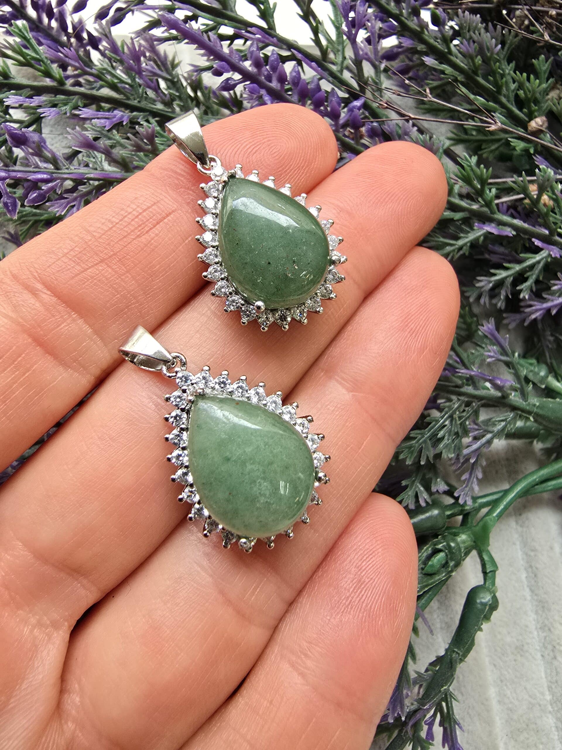 Zirkonlu Damla Aventurin Doğal Taş Kolye Ucu