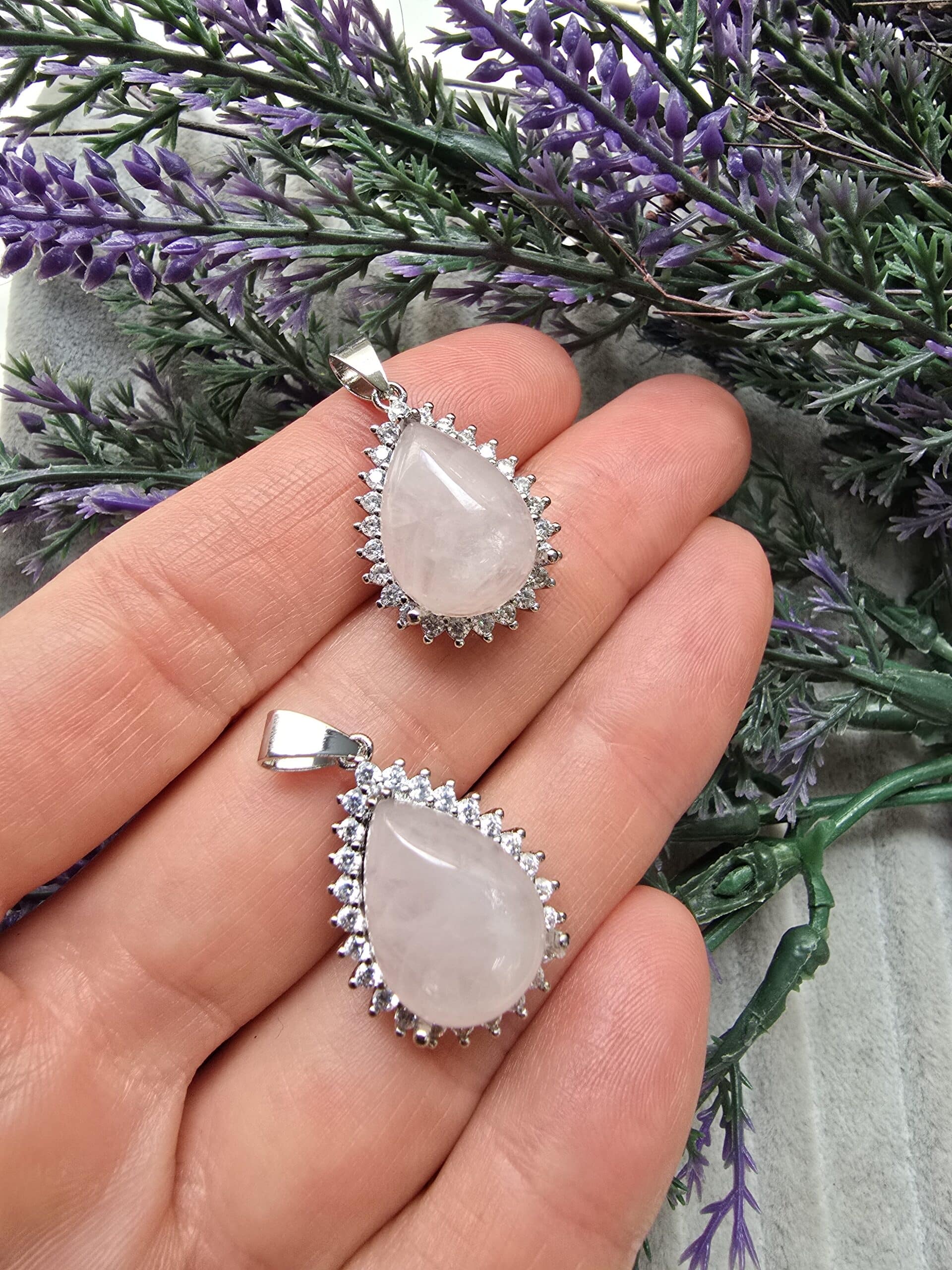 Zirkonlu Damla Pembe Kuvars Doğal Taş Kolye Ucu