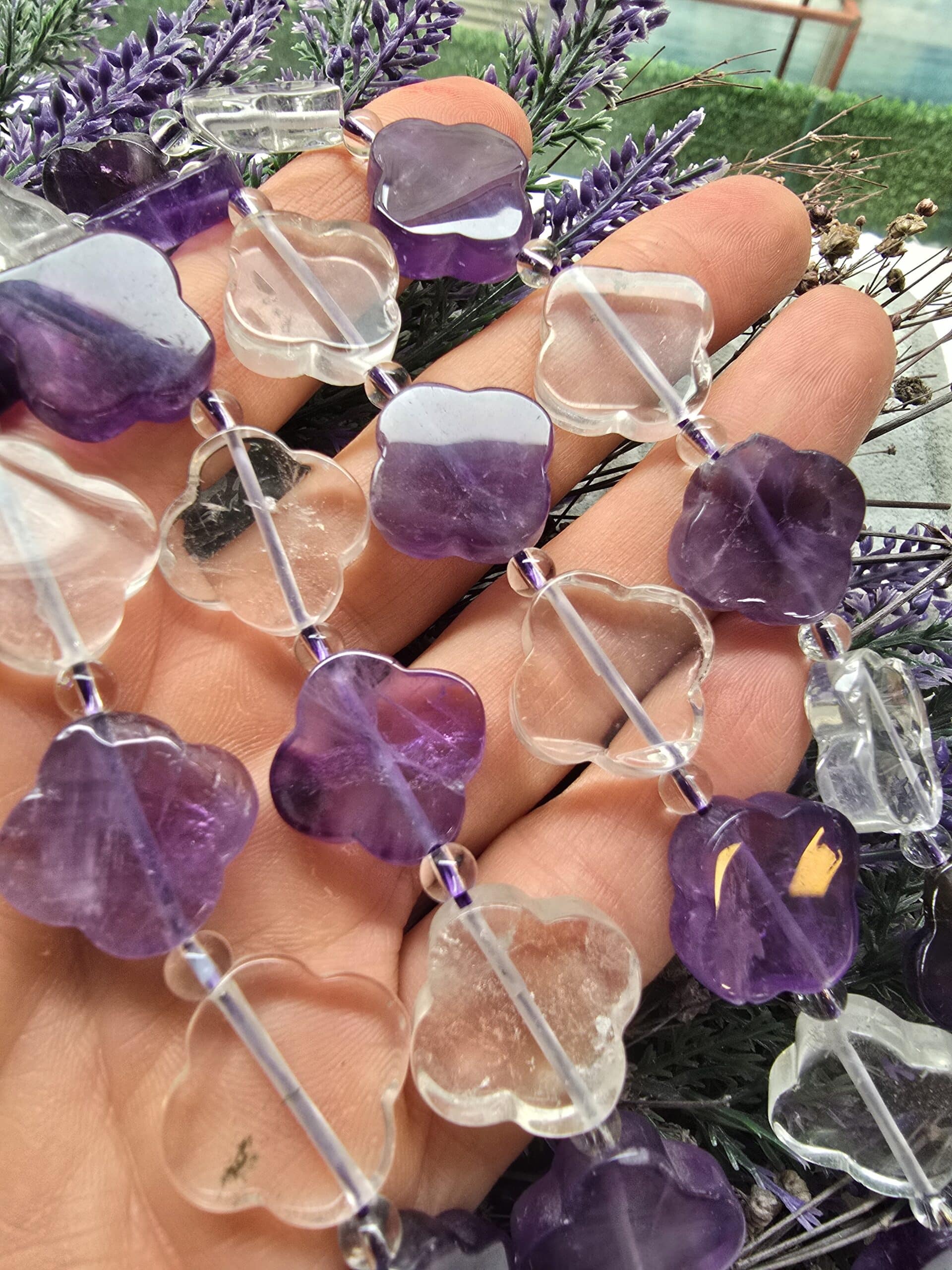 18 Mm Yonca Kesim Dogal Ametist Ve Kristal Kuvars Tasi