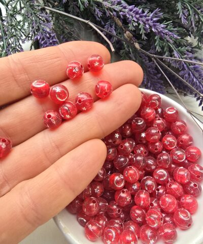 8 MM Şeffaf Kırmızı Ay Yıldız İşlemeli Akrilik Boncuk