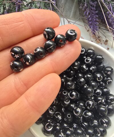 8 MM Siyah Ay Yıldız İşlemeli Akrilik Boncuk
