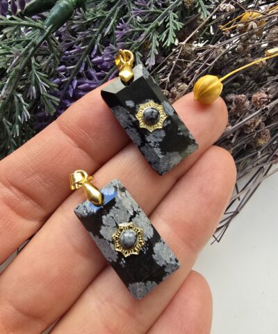 Dikdörtgen Karlı Obsidyen Taşı Kolye Ucu