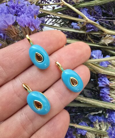 Mavi Oval Zirkon Taş Detaylı Kasalı Kolye Ucu