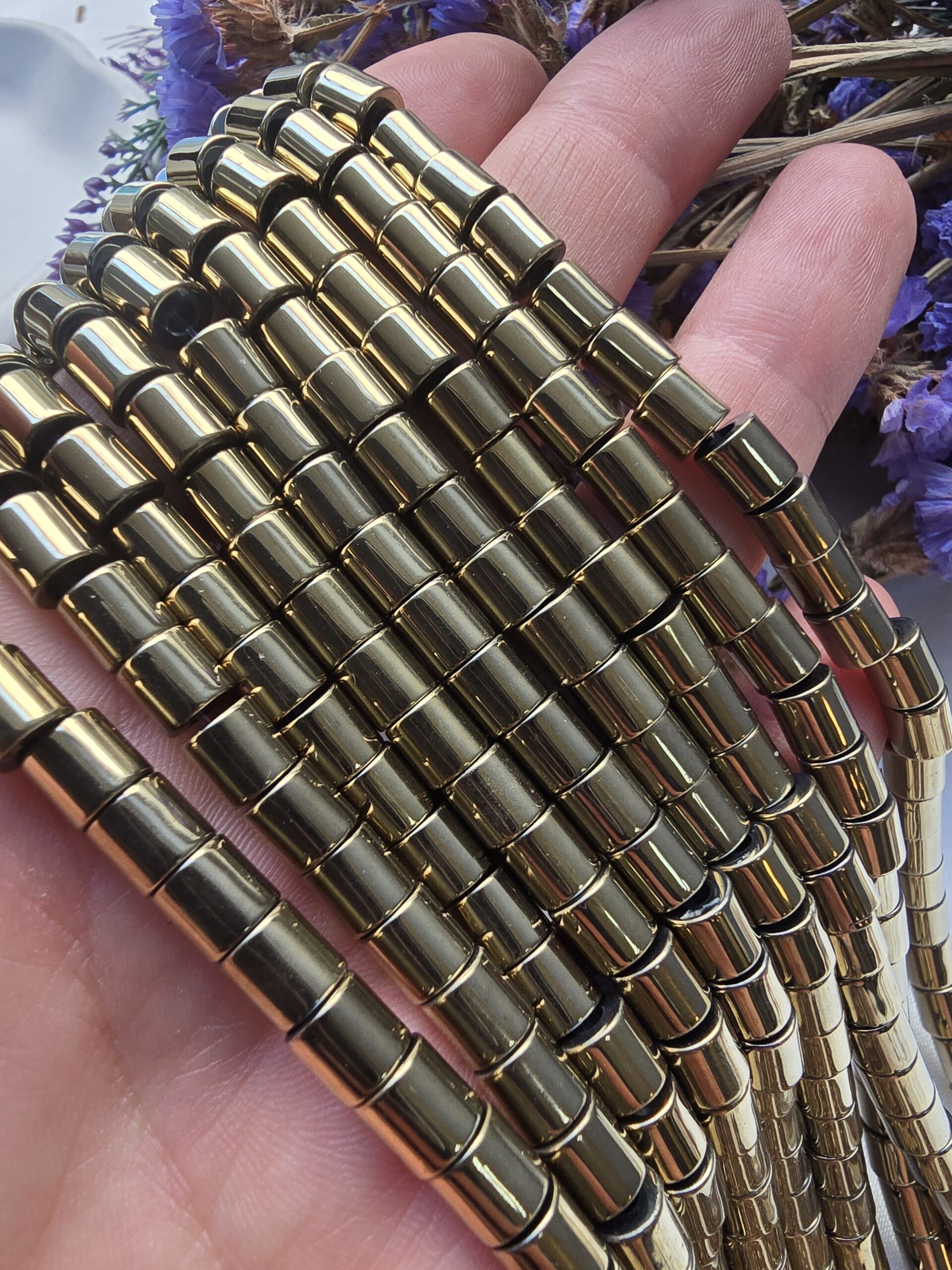 6x6 MM Soft Gold Kesme Silindir Düğüm Gizleme Hematit Doğal Taş - Görsel 3