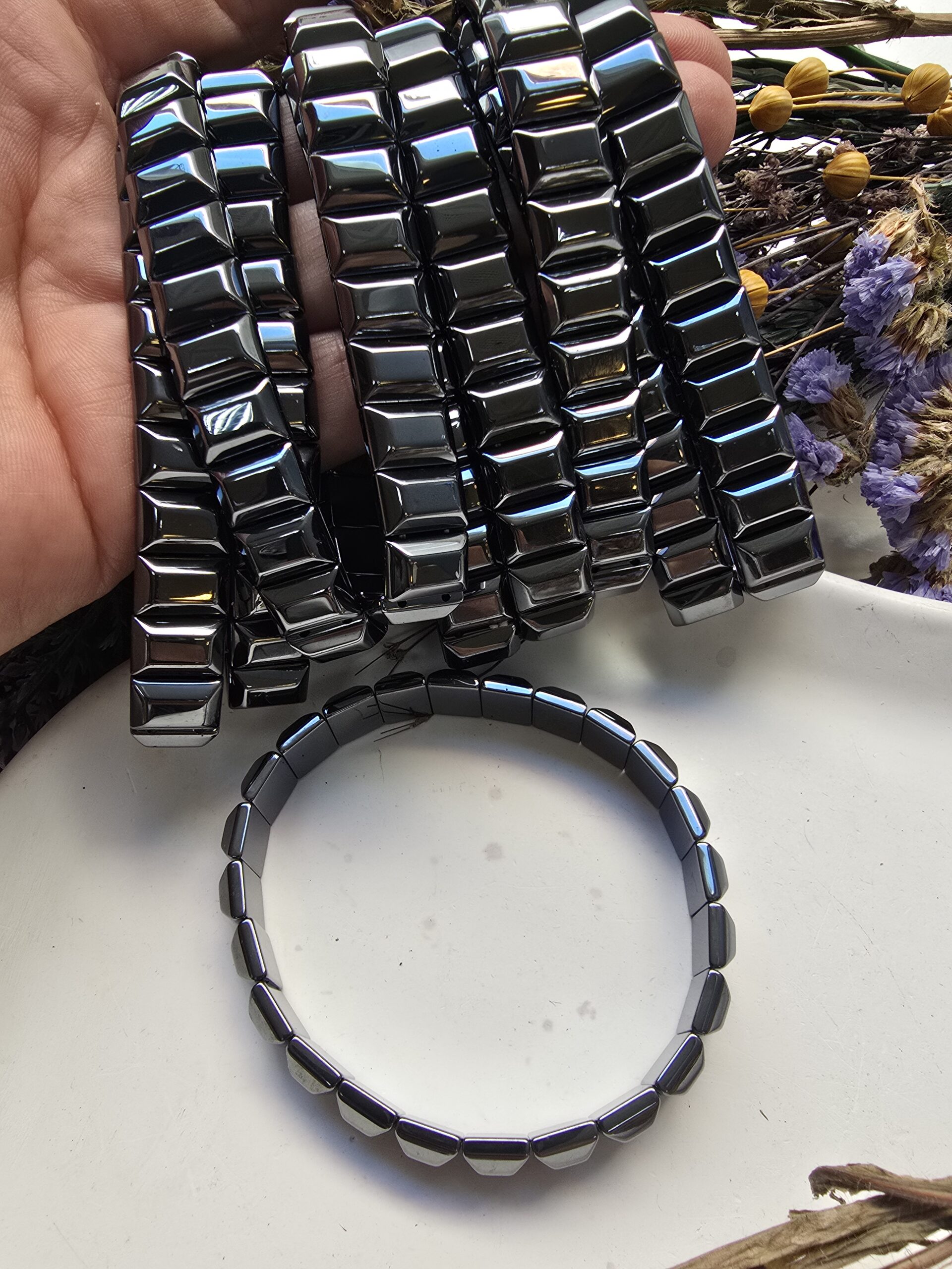 12x8 MM Tila Füme Hematit Taşı Bileklik - Görsel 3