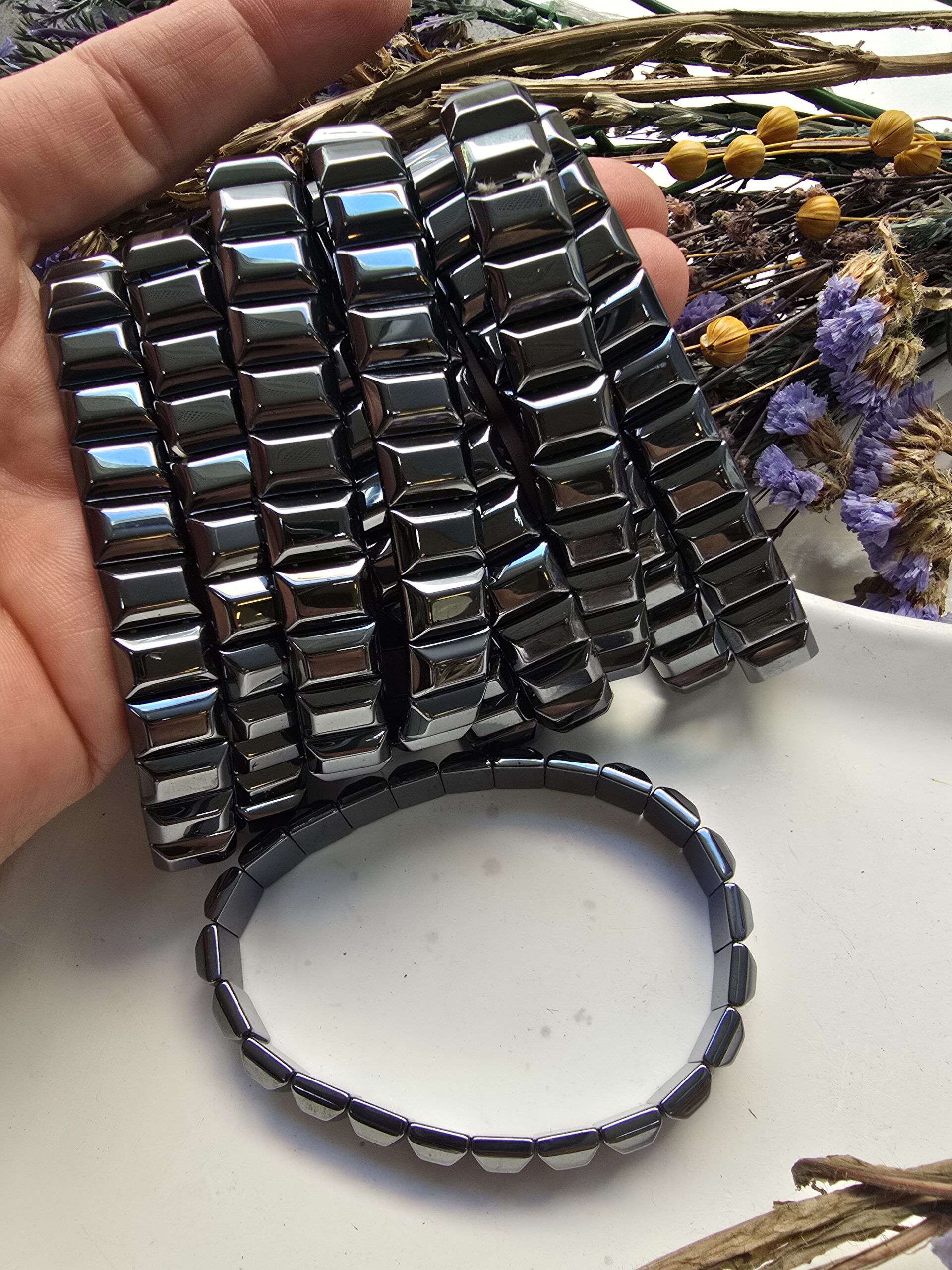12x8 MM Tila Füme Hematit Taşı Bileklik - Görsel 2