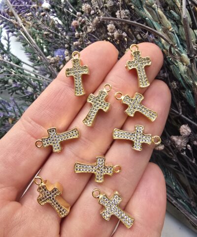 Zirkon Taşlı Gold Haç Charm